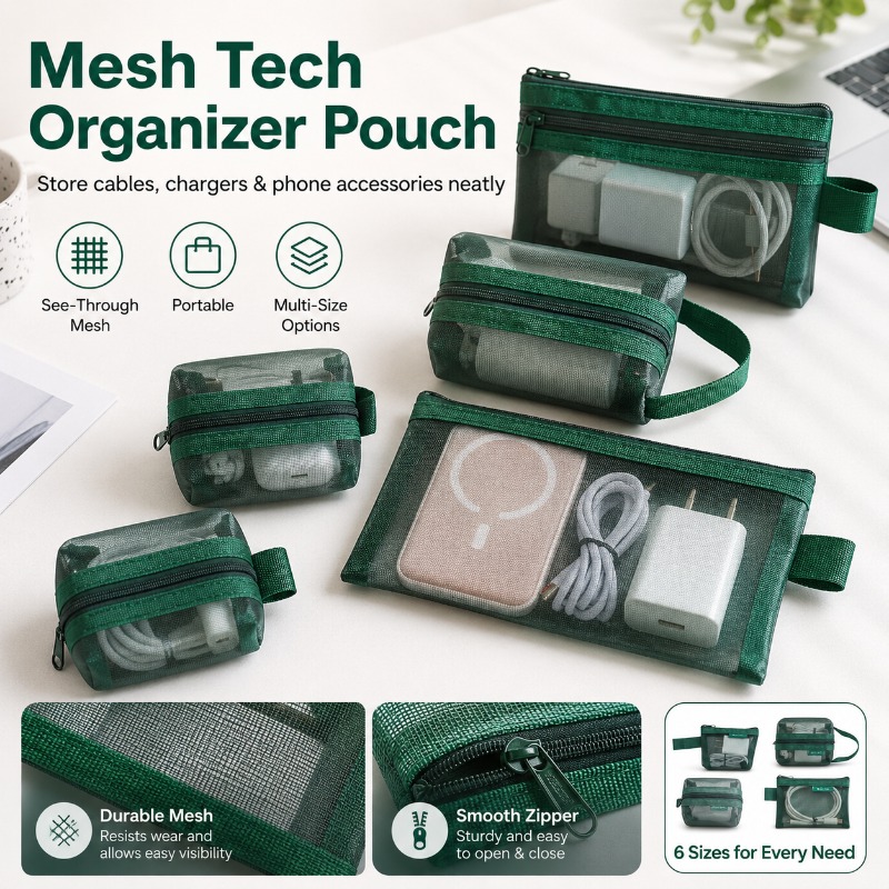 Office Tech Bag - กระเป๋าจัดระเบียบแบบตาข่าย 6 ชิ้น, กระเป๋าเก็บสายเคเบิลแบบพกพาสำหรับที่ชาร์จ, หูฟัง, อุปกรณ์เสริมโทรศัพท์,