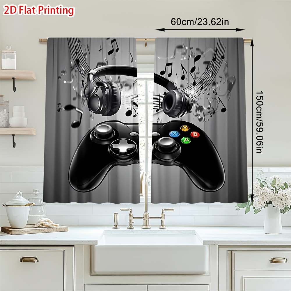 Office Print Tech - ผ้าม่านลายโน้ตดนตรีสำหรับคอนโทรลเลอร์เกม 2 ชิ้น ผ้าม่านตกแต่งห้องเด็ก ห้องนอนเกมเมอร์ ผ้าม่านหน้าต่างสไตล์เทค